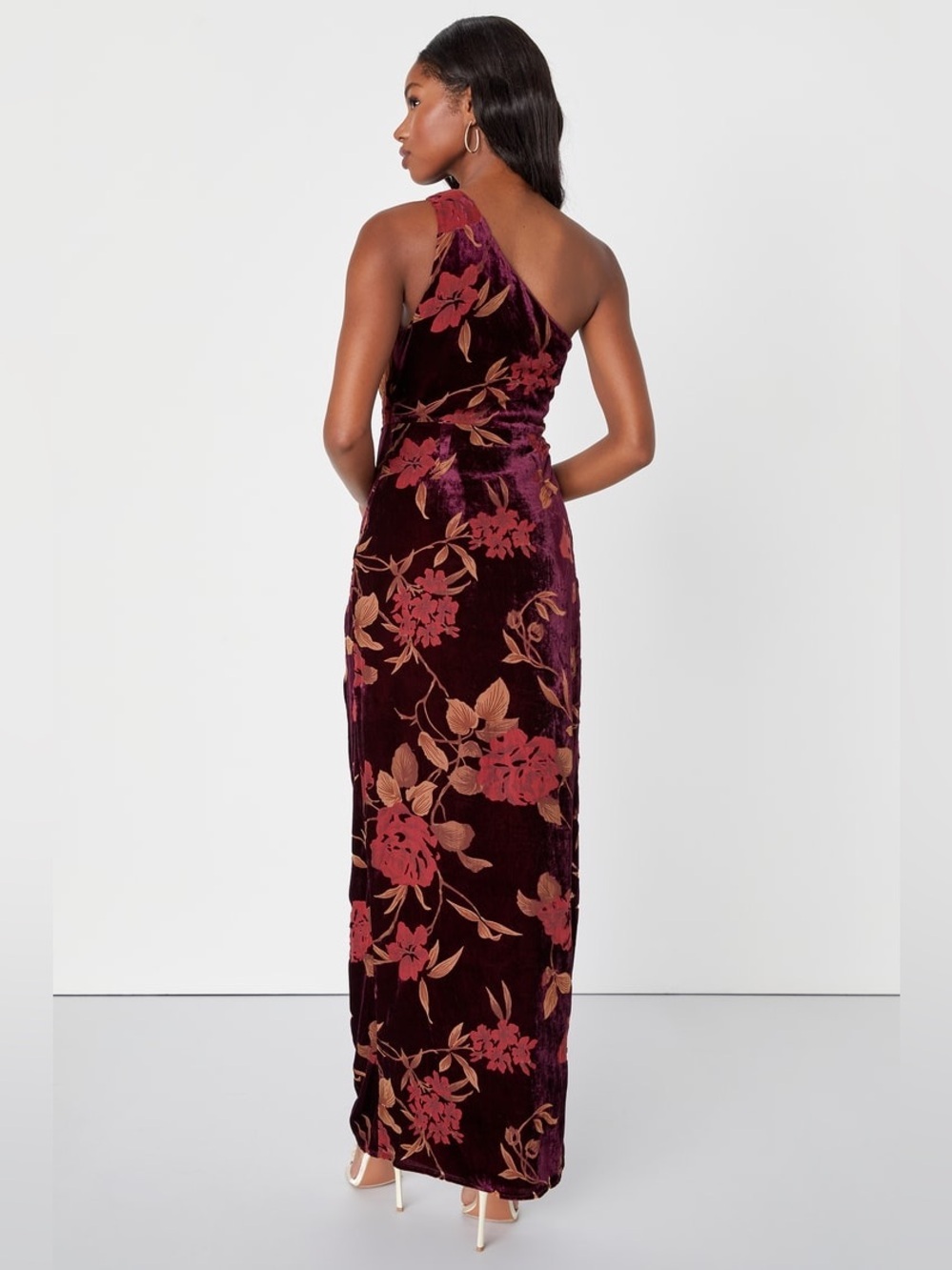 Lulus Unreal Awe Burgundy Floral Burnout Velvet One-Shoulder Dress - Picture 2 of 8